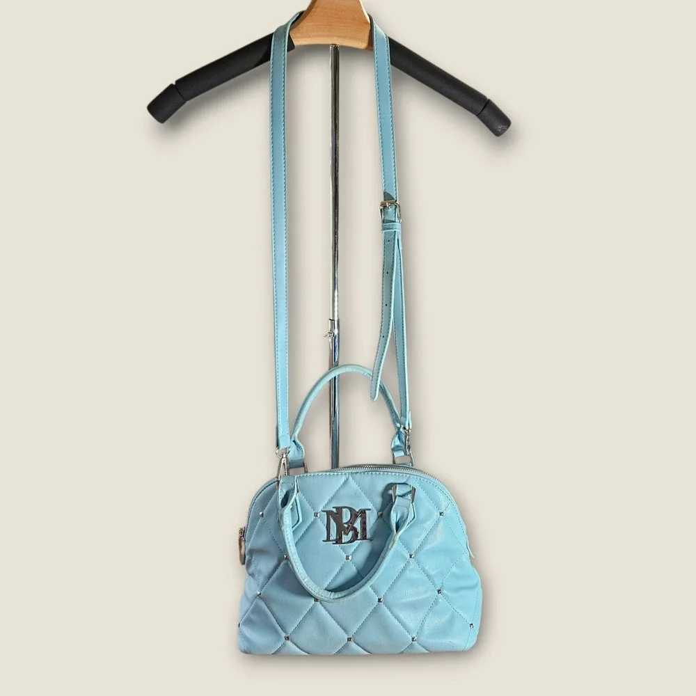 Badgley Mischka Blue Quilted Dome Satchel‎ Crossbody Studded Handbag Vegan
